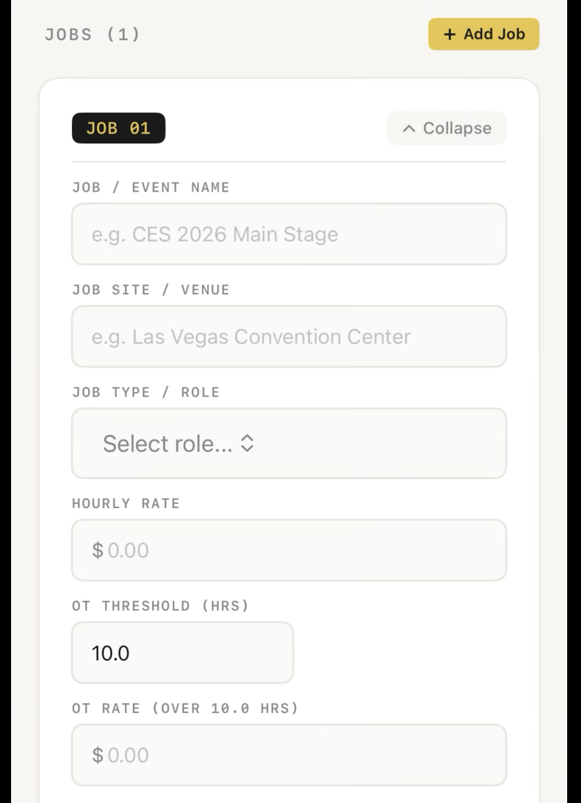 An empty Job card with fields for job name, site, role, hourly rate, OT threshold, and OT rate.
