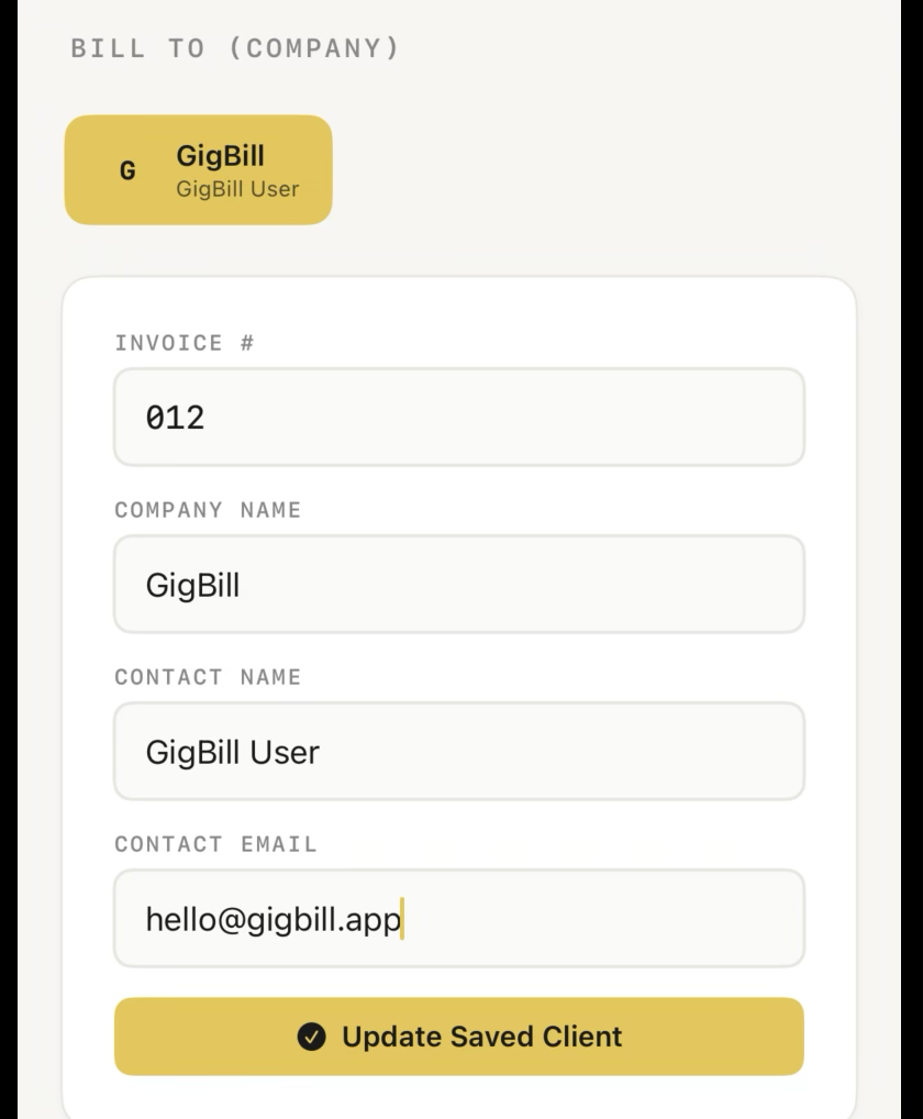 The Bill To card with a saved client chip above it, showing the GigBill client selected.