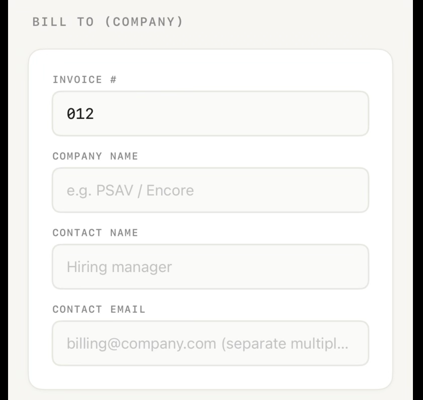 The empty Bill To (Company) card with fields for invoice number, company name, contact name, and contact email.
