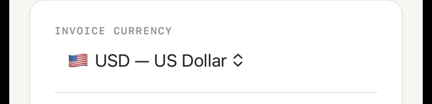 The Invoice Currency picker showing USD — US Dollar.