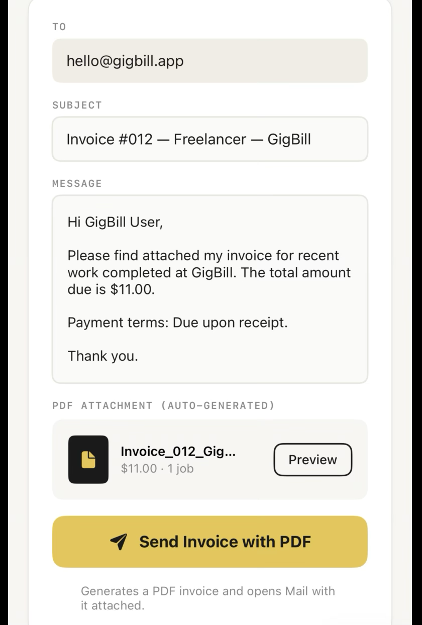 The Send step showing To, Subject, Message fields, the auto-generated PDF attachment, and a Send Invoice with PDF button.