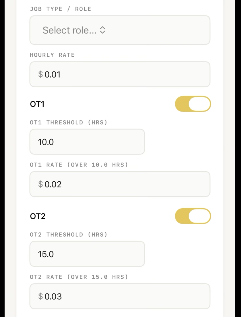 The Overtime (OT2) toggle turned on inside a job, with threshold and rate fields below.