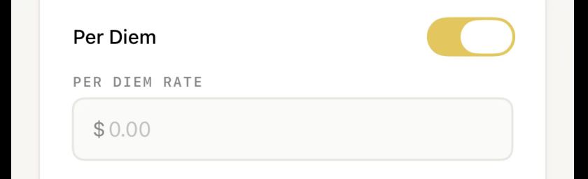 The Per Diem toggle turned on with a Per Diem Rate field below.