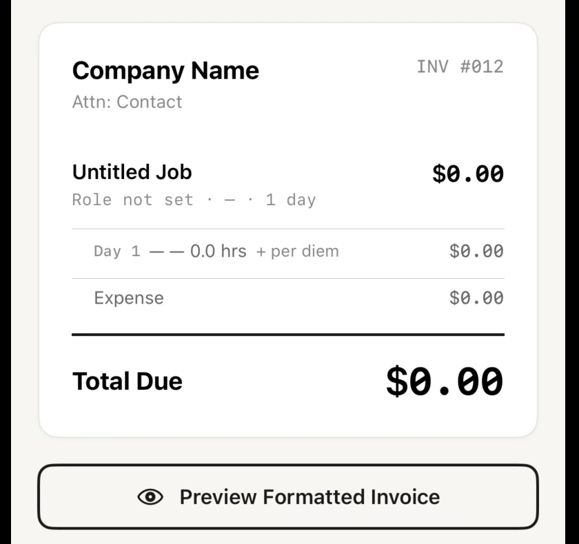 The Review screen showing a job summary with day, expense, and total due lines, plus a Preview Formatted Invoice button.