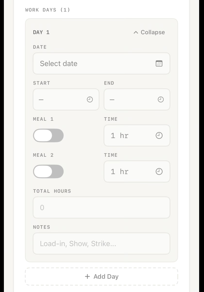 An empty Work Days card with date, start, end, meal toggles, total hours, and notes fields, plus an Add Day button below.